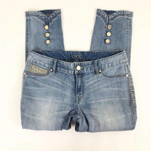 Caché Gold Embellished Crop Jeans Size 6 - Picture 1 of 5